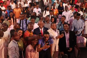 Group Chairman UBA, Tony Elumelu in a picture with the students after his speech at the University of Ghana
