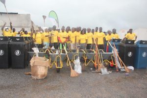 Staff and residents of Atupkai community at the donation of the cleaning materials by Vivo Energy Ghana