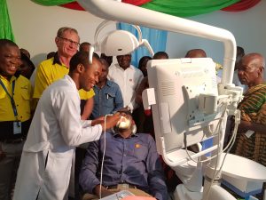 Dr. Stephen Quarcoo, Dental Surgeon of New Abirem Hospital Demonstrating the Unigue Features of the Dental Chair Donated by Vivo Energy Ghana